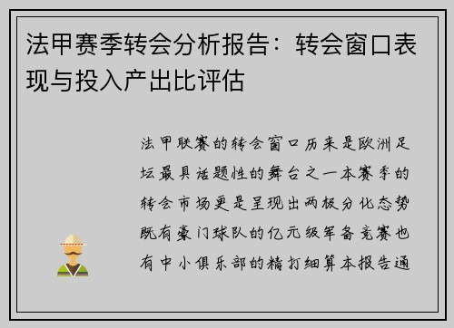 法甲赛季转会分析报告：转会窗口表现与投入产出比评估