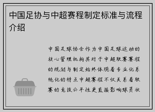 中国足协与中超赛程制定标准与流程介绍